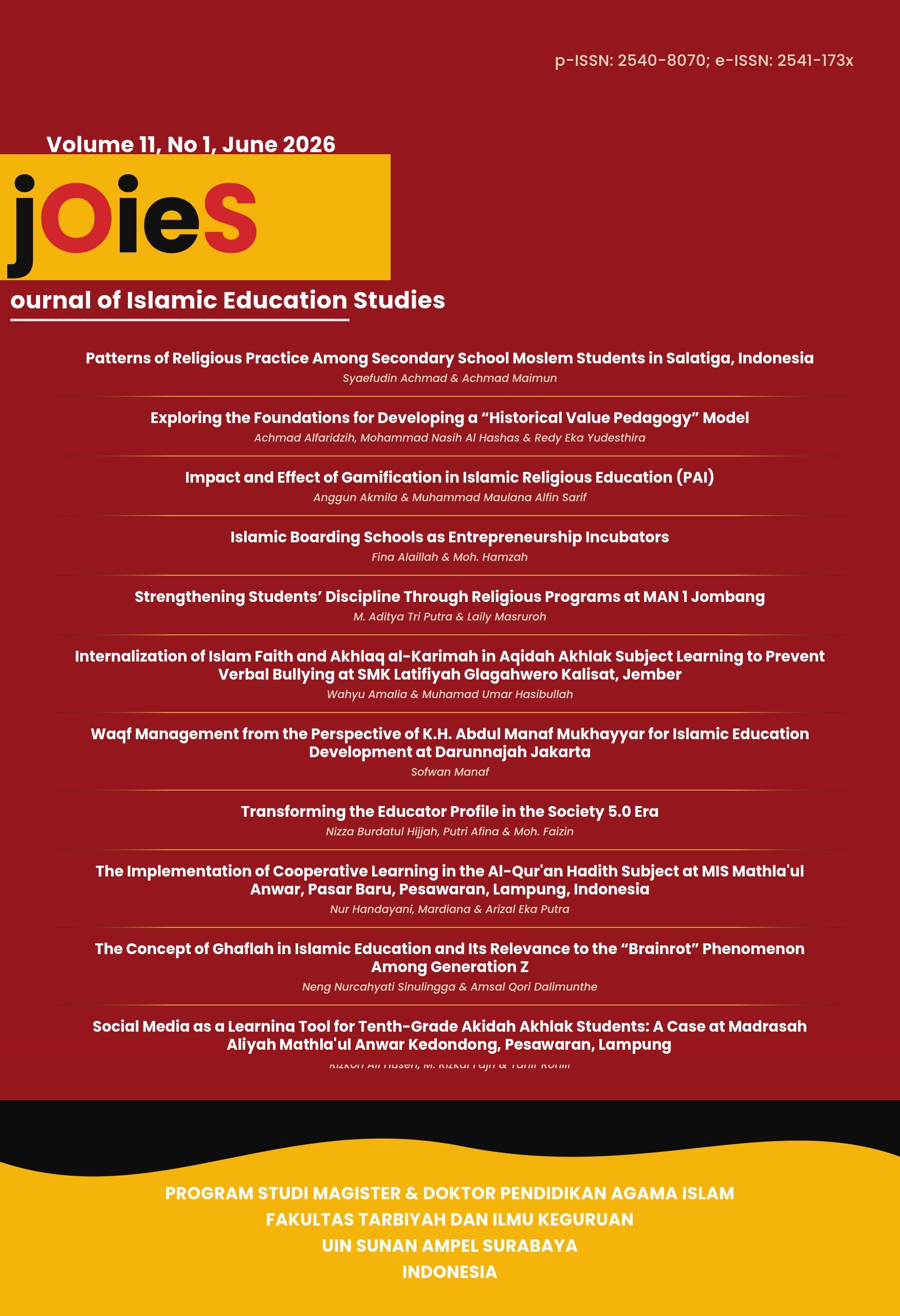 					View Vol. 11 No. 1 (2026): JOIES (Journal of Islamic Education Studies), June
				